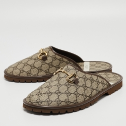 Gucci Brown Canvas and Leather Trim Embellishment Mules Size 45