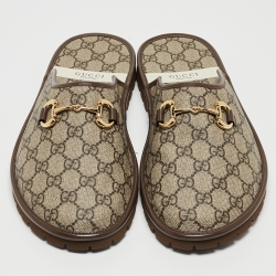 Gucci Brown Canvas and Leather Trim Embellishment Mules Size 45