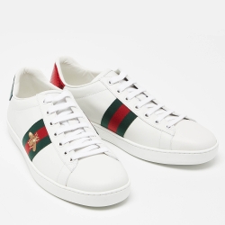 مملوكة مسبقًا Gucci White Leather Web Detail Bee Embroidered Ace Low Top Sneakers Size 40