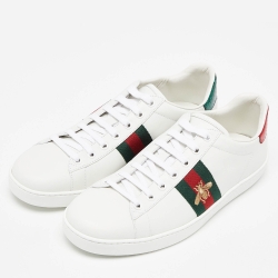 مملوكة مسبقًا Gucci White Leather Web Detail Bee Embroidered Ace Low Top Sneakers Size 40
