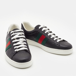 مملوكة مسبقًا Gucci Black Guccissima Leather Web Detail Ace Sneakers Size 42.5