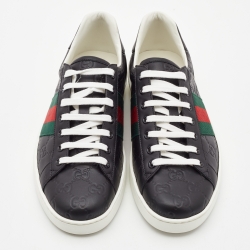 مملوكة مسبقًا Gucci Black Guccissima Leather Web Detail Ace Sneakers Size 42.5