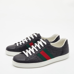 مملوكة مسبقًا Gucci Black Guccissima Leather Web Detail Ace Sneakers Size 42.5