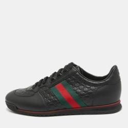 مملوكة مسبقًا Gucci Black Guccissima Leather Web Detail Lace Up Sneakers Size 42.5