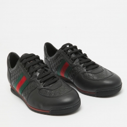مملوكة مسبقًا Gucci Black Guccissima Leather Web Detail Lace Up Sneakers Size 42.5