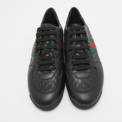 مملوكة مسبقًا Gucci Black Guccissima Leather Web Detail Lace Up Sneakers Size 42.5