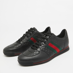 مملوكة مسبقًا Gucci Black Guccissima Leather Web Detail Lace Up Sneakers Size 42.5