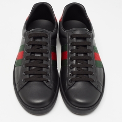 Pre Owned Gucci Black Leather Ace Web Low Top Sneakers Size 42.5