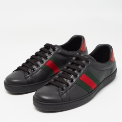 Pre Owned Gucci Black Leather Ace Web Low Top Sneakers Size 42.5