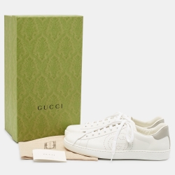 Pre Owned Gucci White Perforated Interlocking G Leather Ace Sneakers Size 44.5