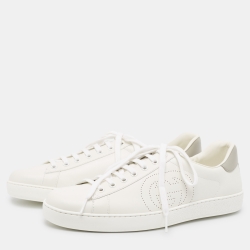 Pre Owned Gucci White Perforated Interlocking G Leather Ace Sneakers Size 44.5