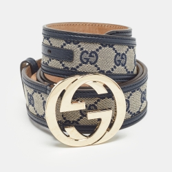 Gucci Beige/Navy Blue GG Canvas and Leather Interlocking G Buckle Belt 100 CM