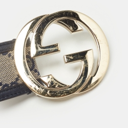 Gucci Beige/Navy Blue GG Canvas and Leather Interlocking G Buckle Belt 100 CM