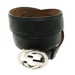 Pre Owned حزام غوتشي إبزيم GG متشابك جلد غوتشيسيما رمادي داكن 100 سم