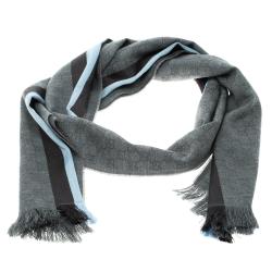 Pre Owned Gucci Grey Guccissima Wool and Silk Web Stripe Detail Fringed Edge Muffler