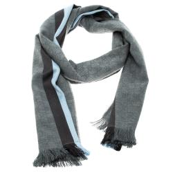 Pre Owned Gucci Grey Guccissima Wool and Silk Web Stripe Detail Fringed Edge Muffler