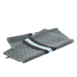 Pre Owned Gucci Grey Guccissima Wool and Silk Web Stripe Detail Fringed Edge Muffler