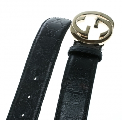 Pre Owned Gucci Black Guccissima Leather Interlocking GG Buckle Belt 95 CM