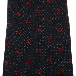 Pre Owned Gucci Navy Blue and Red Dotted Guccissima Silk Jacquard Traditional Tie
