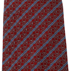 مملوكة مسبقًا ربطة عنق تقليدية غوتشي حرير بنقوش جاكارد هورسبيت وخطوط زرقاء وحمراء