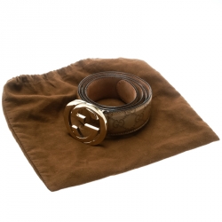 Pre Owned حزام غوتشي بإبزيم GG متشابكة جلد بنقوش غوتشيسيما بيج 90 سم