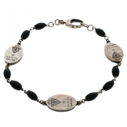Gucci Crest Black Bead Silver Station Bracelet