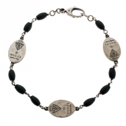 Gucci Crest Black Bead Silver Station Bracelet