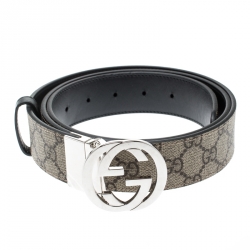 Pre Owned حزام غوتشي GG بإبزيم GG كانفاس سوبريم مقوى بوجهين بيج 110 سم