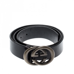 Pre Owned Gucci Black Leather Interlocking GG Buckle Belt 100CM