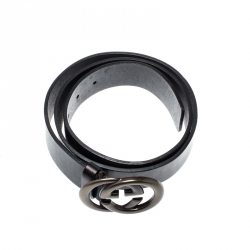 Pre Owned Gucci Black Leather Interlocking GG Buckle Belt 100CM