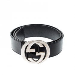 Pre Owned حزام غوتشي جلد أسود G متداخلة بإبزيم 90سم