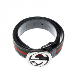 Pre Owned Gucci Black Web Canvas and Leather Interlocking GG Buckle Belt 105 CM