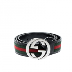 Pre Owned Gucci Black Web Canvas and Leather Interlocking GG Buckle Belt 105 CM