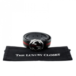 Pre Owned Gucci Black Web Canvas and Leather Interlocking GG Buckle Belt 105 CM