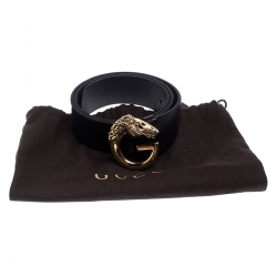 Pre Owned Gucci Black Leather Horse Head G Buckle Belt 80CM