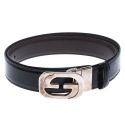 Pre Owned حزام غوتشي ذو وجهين G مربع جلد أسود 85 سم