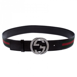 Pre Owned حزام غوتشي إبزيم G متشابك جلد وكانفاس ويب بني داكن 90 سم