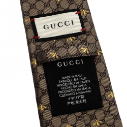 Pre Owned Gucci Beige Monogram and Bees Silk Jacquard Classic Tie