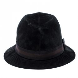 Pre Owned قبعة غوتشي فدورا سويدي حافة ويب سوداء S