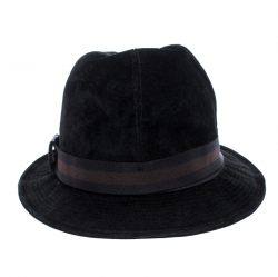 Pre Owned قبعة غوتشي فدورا سويدي حافة ويب سوداء S