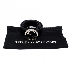 Pre Owned Gucci Black Leather Interlocking G Buckle Belt 95CM