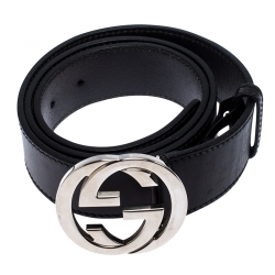 Pre Owned Gucci Black Leather Interlocking G Buckle Belt 95CM