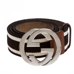 مملوكة مسبقًا حزام غوتشي قماش أبيض/بني وجلد GG متداخلة مقاس 95 سم