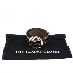 مملوكة مسبقًا حزام غوتشي قماش أبيض/بني وجلد GG متداخلة مقاس 95 سم