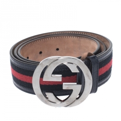 Pre Owned Gucci Navy Blue Web Fabric Interlocking G Buckle Belt 100CM
