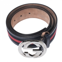 Pre Owned Gucci Navy Blue Web Fabric Interlocking G Buckle Belt 100CM