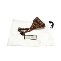 Pre Owned Gucci Feline Head Studded Brown Leather Gold Tone Hand Harness Finger Ring Cuff Bracelet L