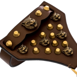 Pre Owned Gucci Feline Head Studded Brown Leather Gold Tone Hand Harness Finger Ring Cuff Bracelet L