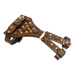 Pre Owned Gucci Feline Head Studded Brown Leather Gold Tone Hand Harness Finger Ring Cuff Bracelet L