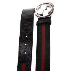 مملوكة مسبقًا Gucci Black/Green Web Leather Interlocking GG Belt 100CM